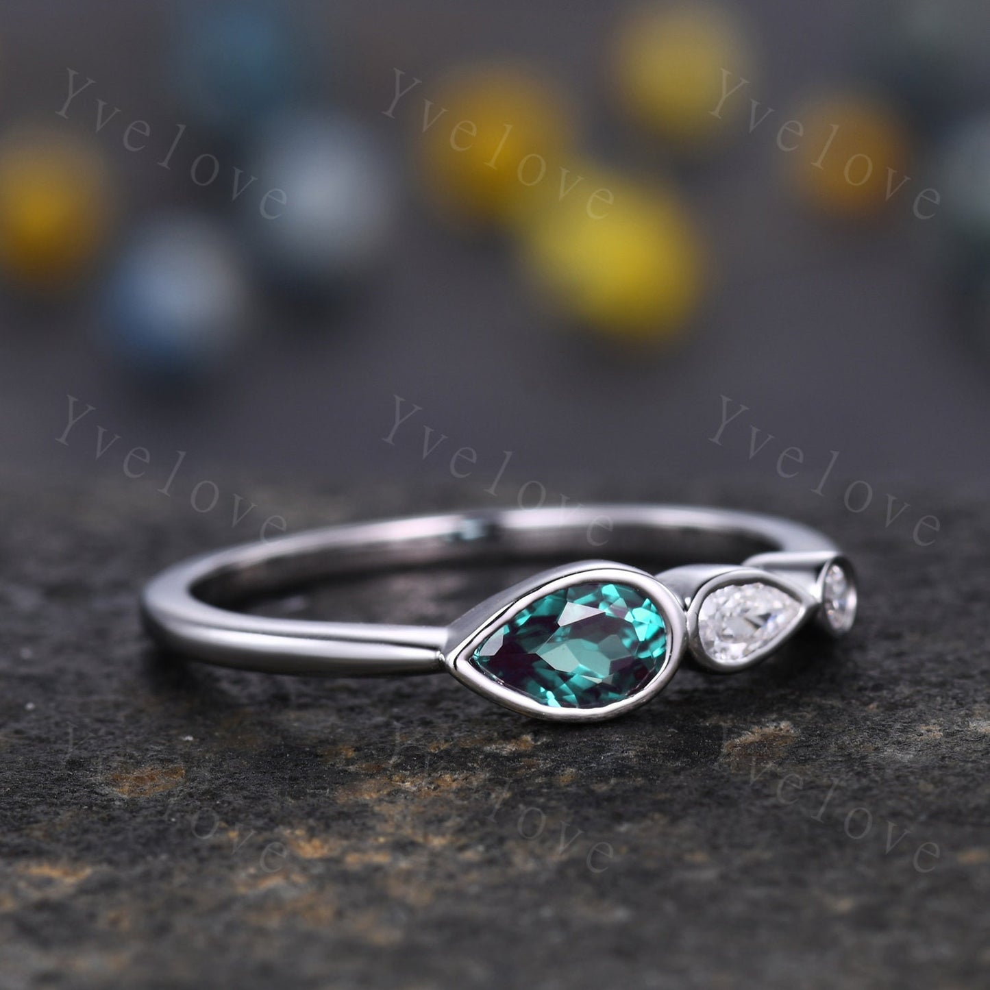 Vintage Alexandrite Engagement Ring,Bezel Set,Pear Cut Gem,Art Deco Moissanite Wedding Band,Unique Women Bridal Promise Ring,Sterling Silver