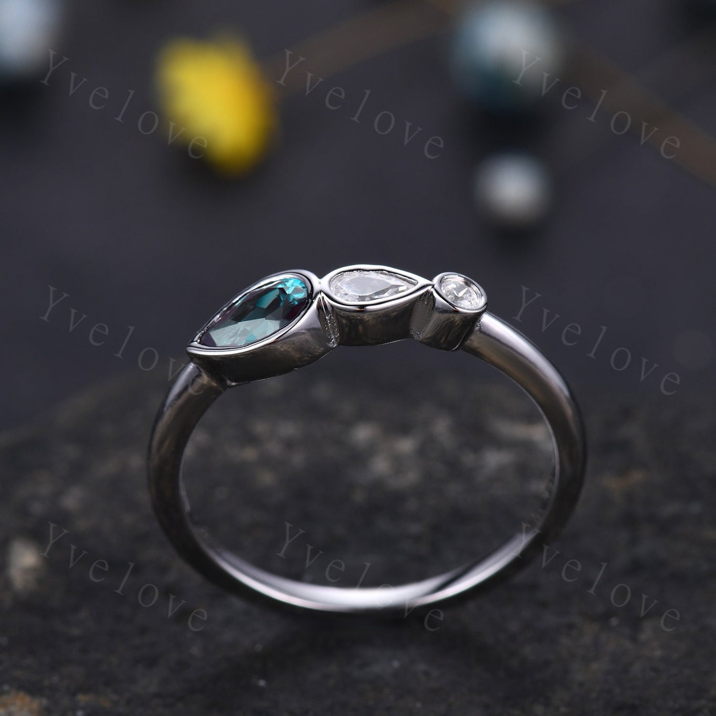 Vintage Alexandrite Engagement Ring,Bezel Set,Pear Cut Gem,Art Deco Moissanite Wedding Band,Unique Women Bridal Promise Ring,Sterling Silver