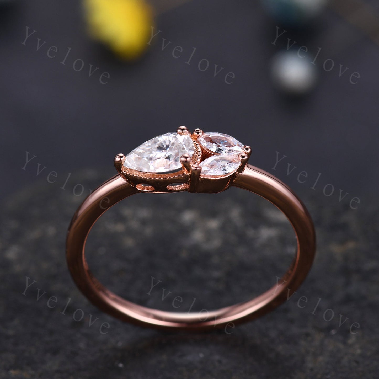 Minimalist Pear Moissante Wedding Ring,Art Deco Moissanite Stacking Band,Milgrain,Rose gold,3 Stone Unique Women Bridal Cluster Ring Gift