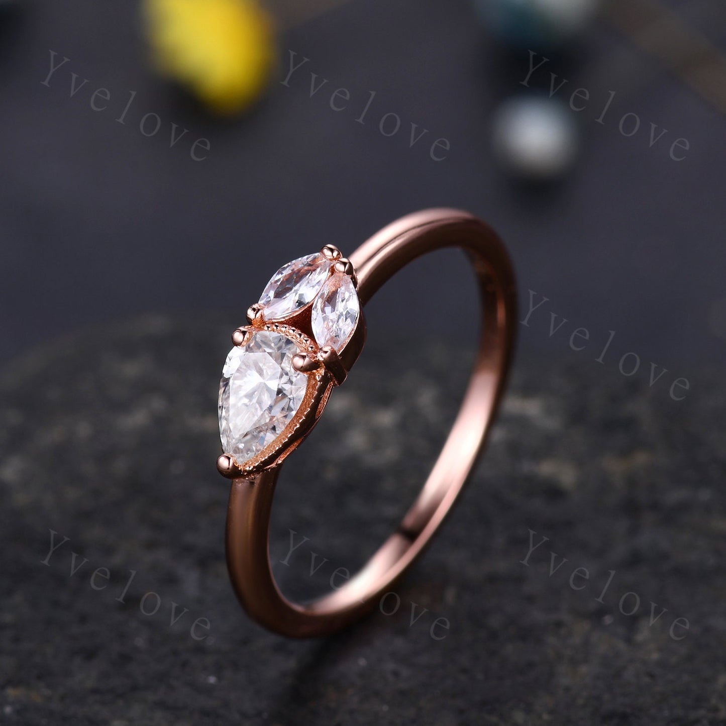 Minimalist Pear Moissante Wedding Ring,Art Deco Moissanite Stacking Band,Milgrain,Rose gold,3 Stone Unique Women Bridal Cluster Ring Gift