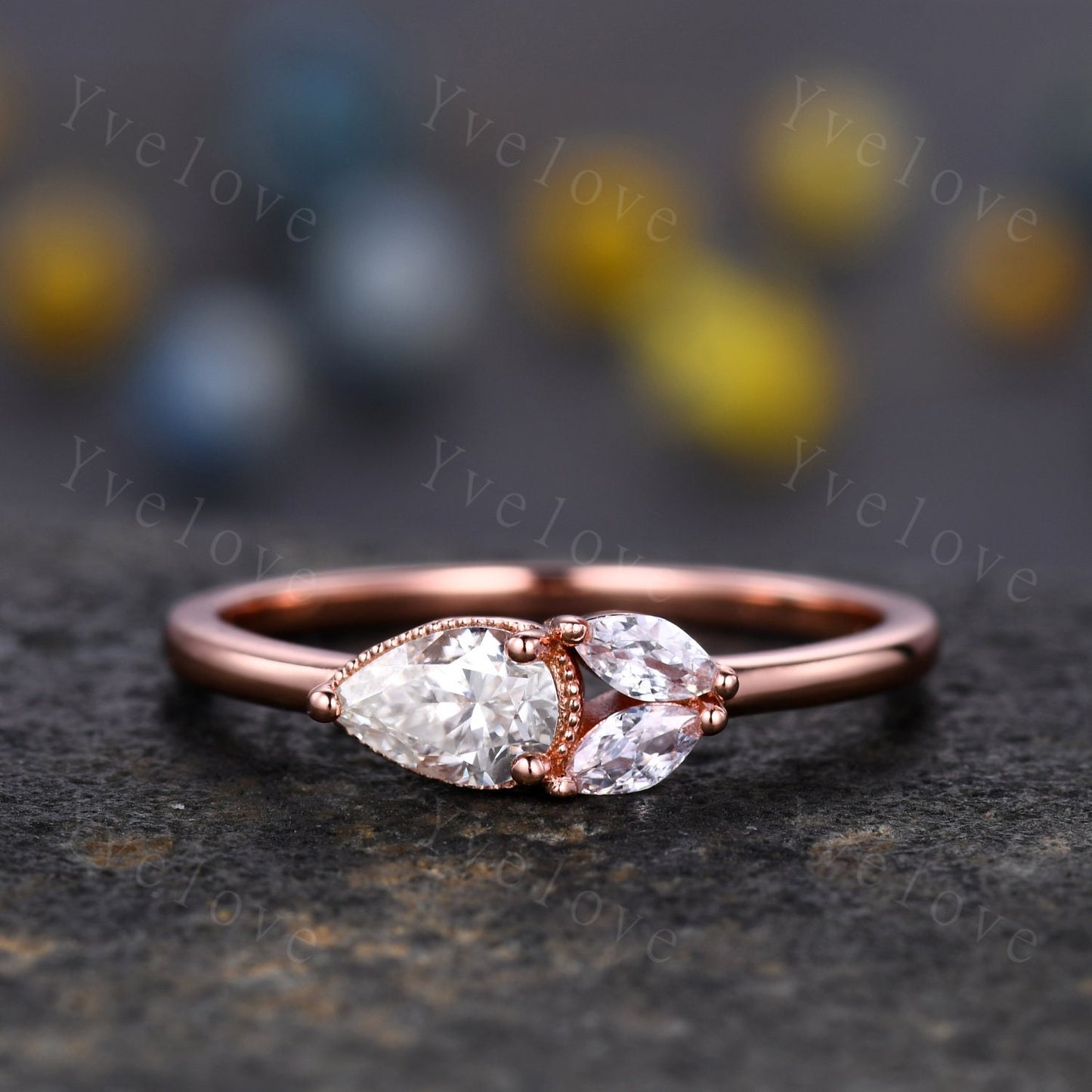 Minimalist Pear Moissante Wedding Ring,Art Deco Moissanite Stacking Band,Milgrain,Rose gold,3 Stone Unique Women Bridal Cluster Ring Gift
