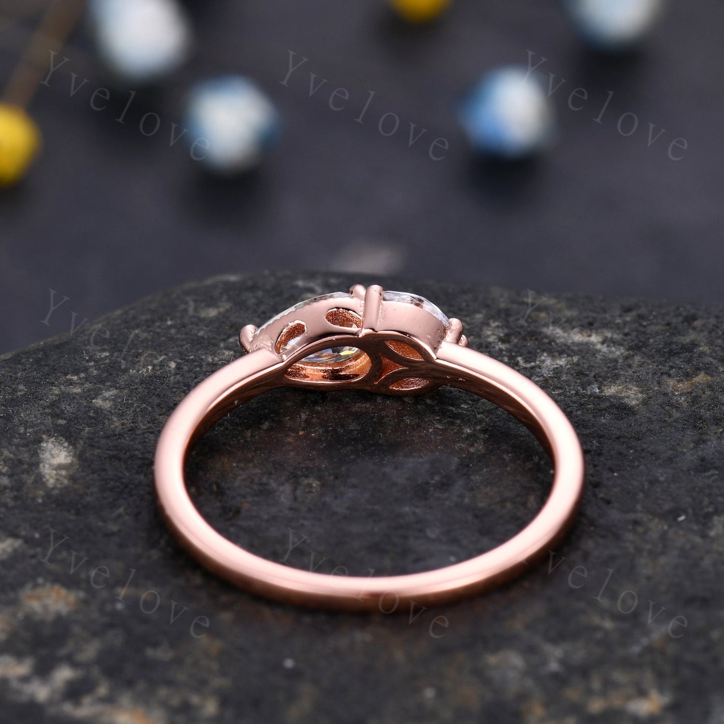 Minimalist Pear Moissante Wedding Ring,Art Deco Moissanite Stacking Band,Milgrain,Rose gold,3 Stone Unique Women Bridal Cluster Ring Gift
