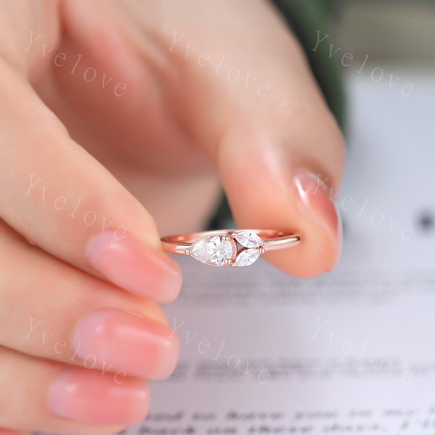Minimalist Pear Moissante Wedding Ring,Art Deco Moissanite Stacking Band,Milgrain,Rose gold,3 Stone Unique Women Bridal Cluster Ring Gift