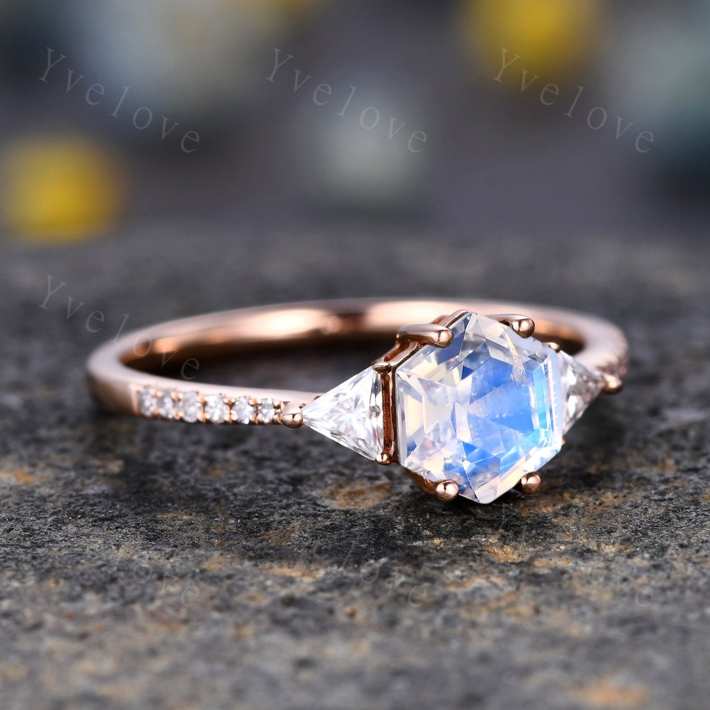 Hexagon Cut Moonstone Engagement Ring,Vingate Bridal Ring,925 Silver,Gothic Ring,Moissanite Anniversary Wedding Ring Birthday Gift for Her