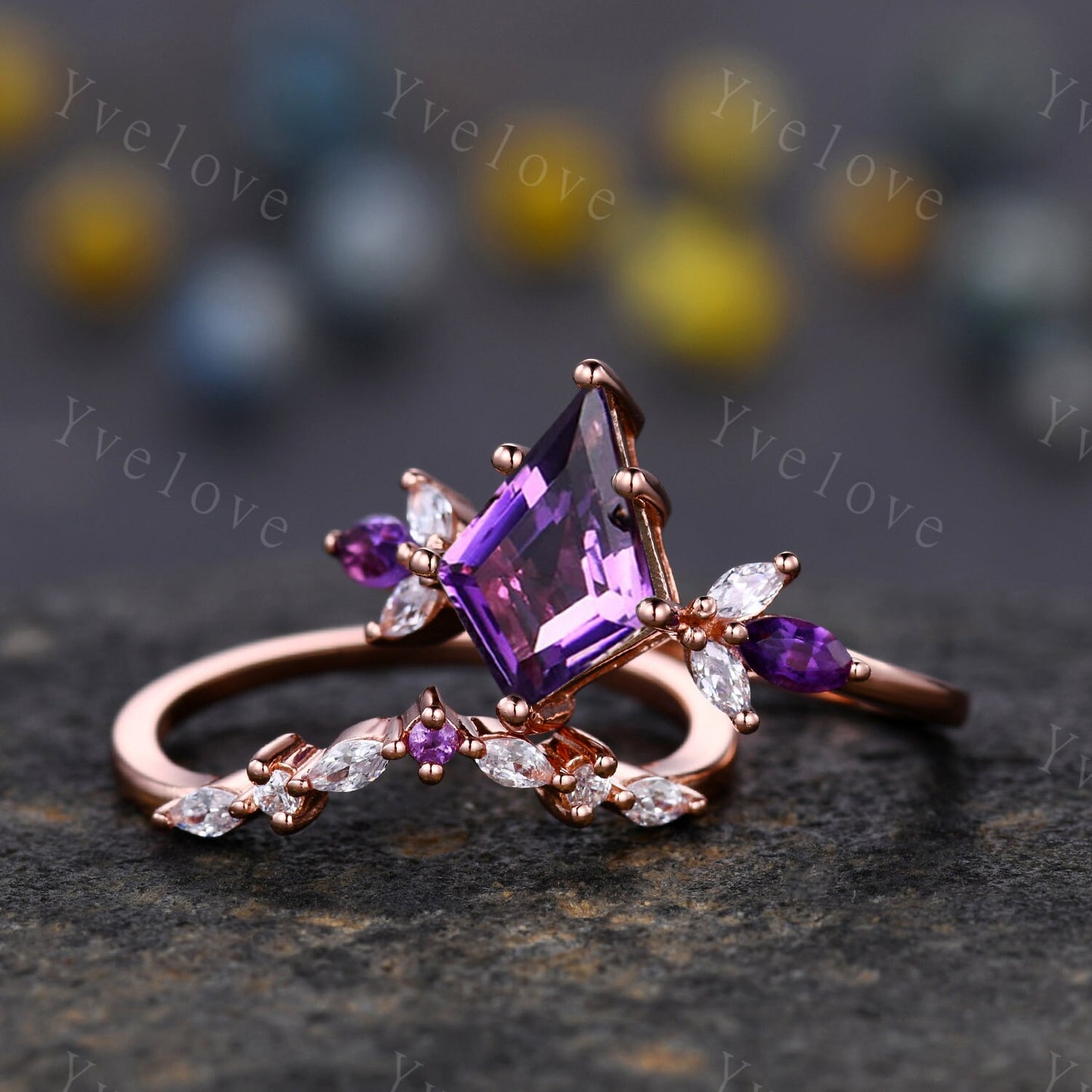 Vintage Kite Shaped Amethyst Engagement Ring Rose Gold Women Unique Moissanite Amethyst Gem Matching Band Promise Bridal Stacking Ring Set