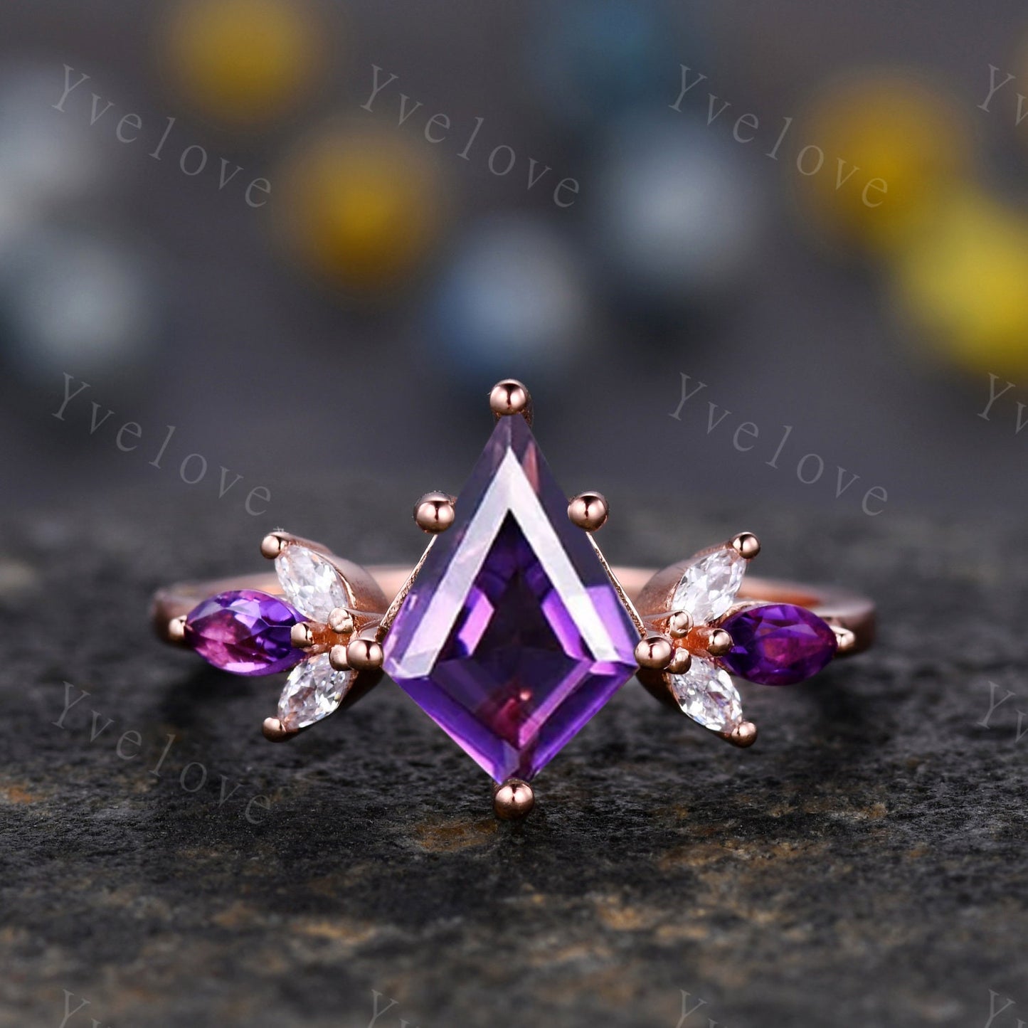 Vintage Kite Shaped Amethyst Engagement Ring Rose Gold Women Unique Moissanite Amethyst Gem Matching Band Promise Bridal Stacking Ring Set