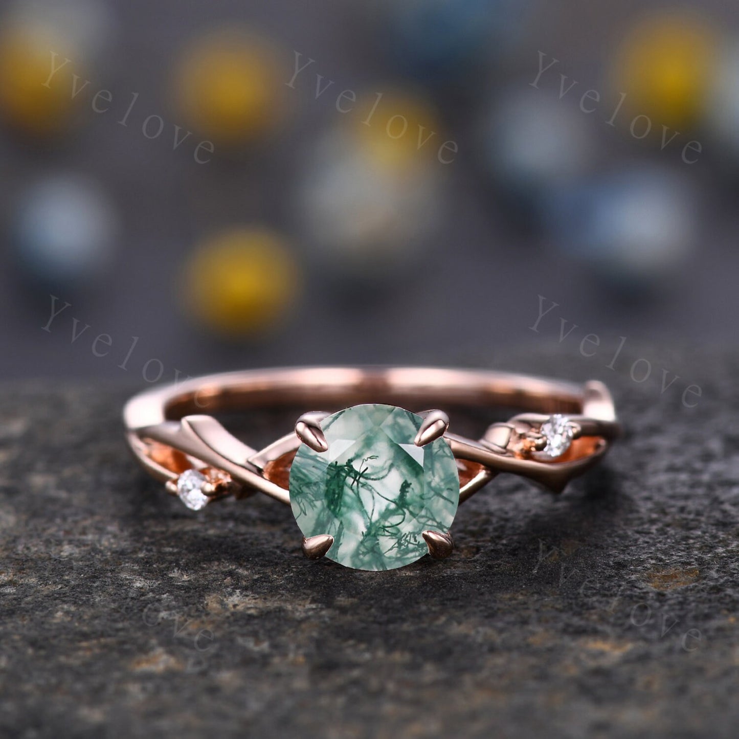 Round Shaped Twig Moss Agate Engagement Ring Set,Vintage Leaf Diamond Ring,Branch Ring Rose Gold,Twisted Ring Promise Bridal Set,Green Agate