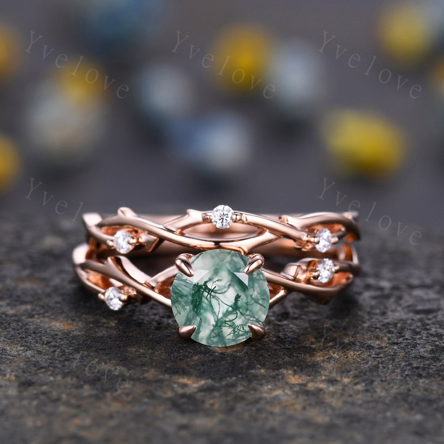 Round Shaped Twig Moss Agate Engagement Ring Set,Vintage Leaf Diamond Ring,Branch Ring Rose Gold,Twisted Ring Promise Bridal Set,Green Agate