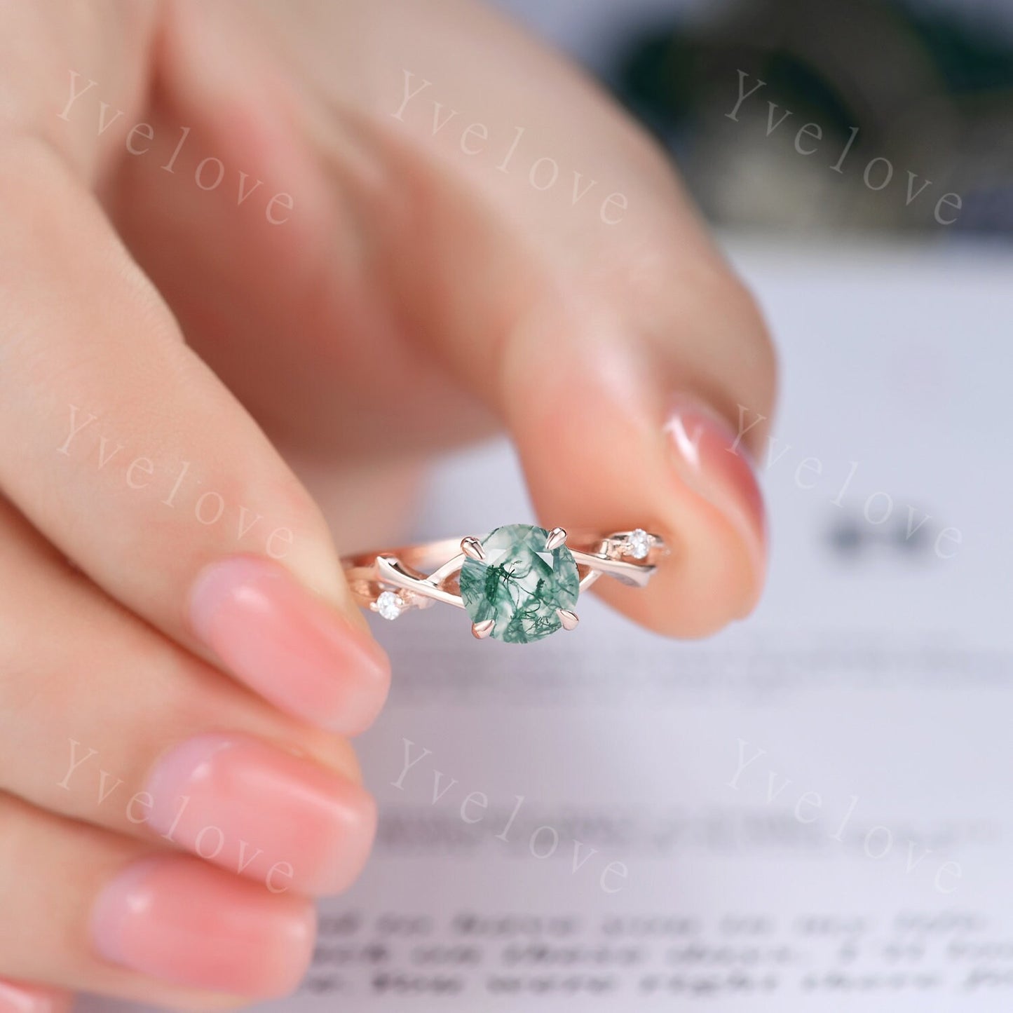 Round Shaped Twig Moss Agate Engagement Ring Set,Vintage Leaf Diamond Ring,Branch Ring Rose Gold,Twisted Ring Promise Bridal Set,Green Agate
