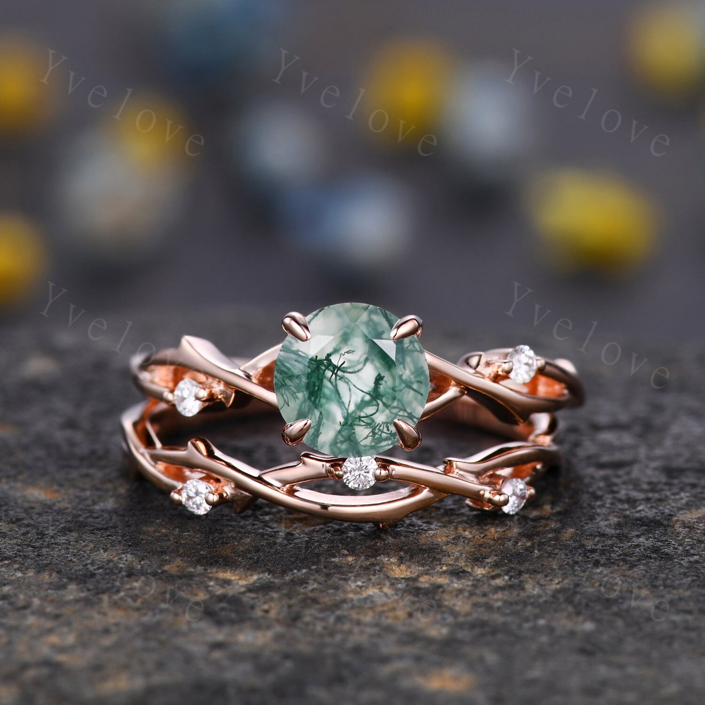 Round Shaped Twig Moss Agate Engagement Ring Set,Vintage Leaf Diamond Ring,Branch Ring Rose Gold,Twisted Ring Promise Bridal Set,Green Agate