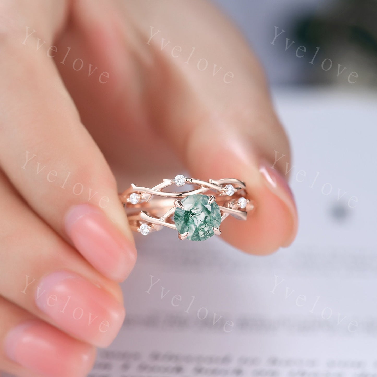 Round Shaped Twig Moss Agate Engagement Ring Set,Vintage Leaf Diamond Ring,Branch Ring Rose Gold,Twisted Ring Promise Bridal Set,Green Agate