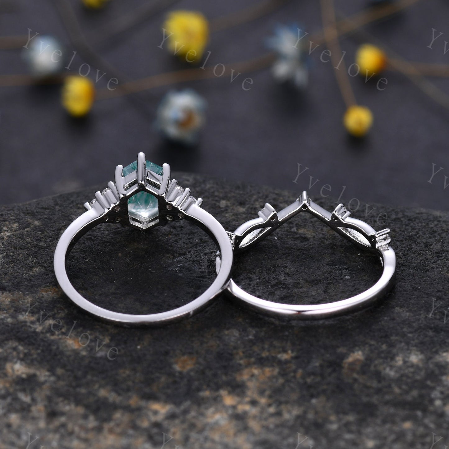 Retro Hexagon Black Fire Opal Ring,Vintage Sterling Silver Ring Set,Unique Opal Engagement Ring,Promise Ring,Anniversary Ring Gift For Her