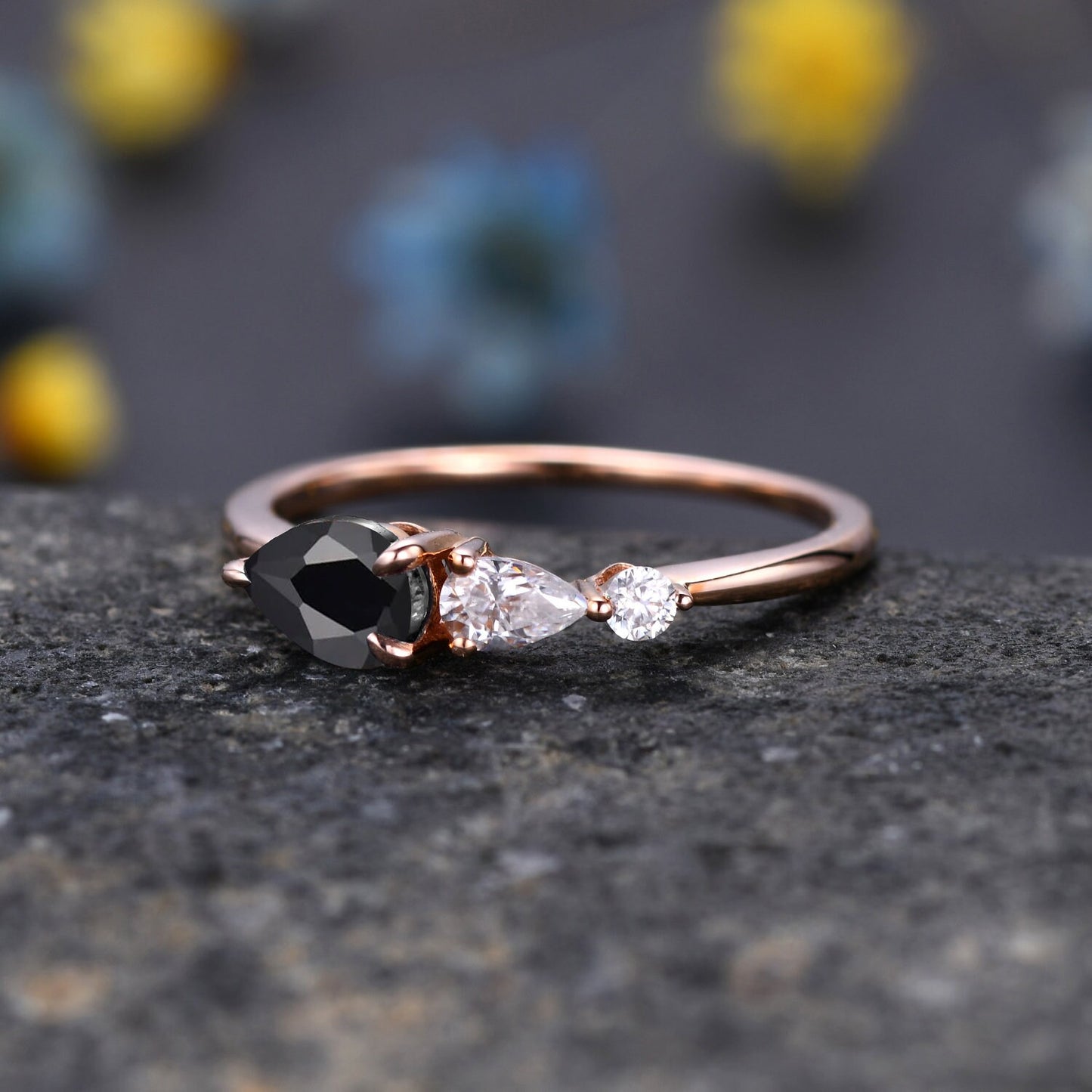 Vintage Black Onyx Engagement Ring,Pear Cut Gems,Art Deco Moissanite Wedding Band,3 Stone Unique Women Bridal Promise Ring Gift,Gold Ring