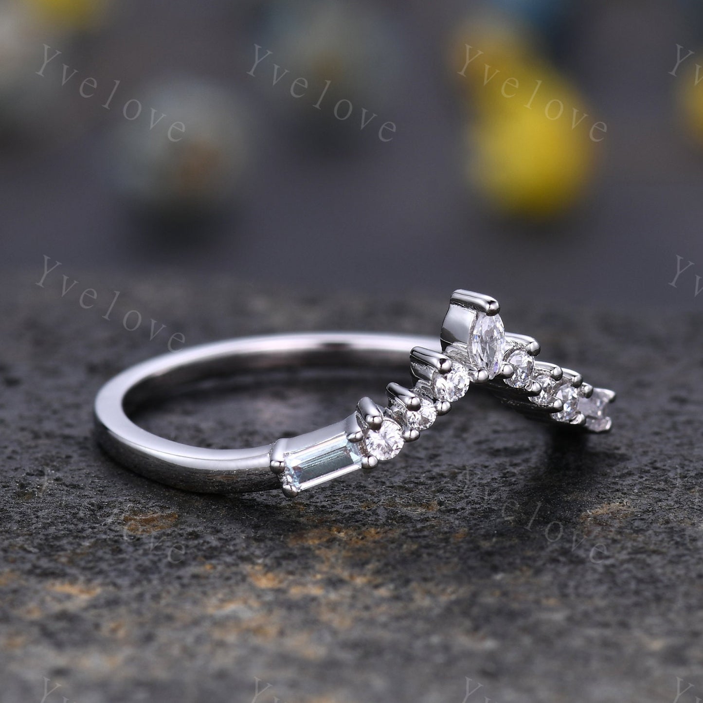 Marquise Moissanite Wedding band,Baguette Aquamarine,Vintage Retro Sterling Silver Ring,Women V Curved Stacking Matching Band Bridal Gift