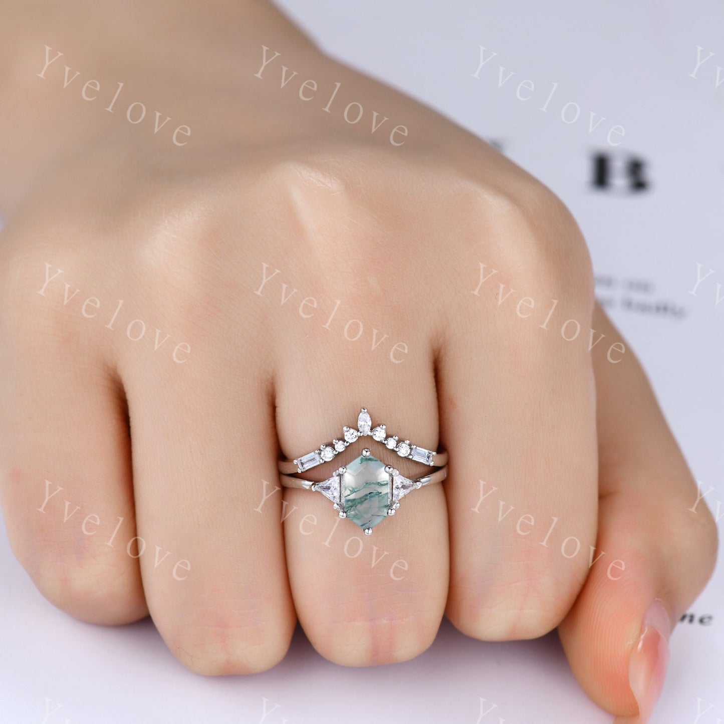 Retro Long hexagon shaped Moss Agate Ring,Vintage Silver Ring Set,Unique Agate Aquamarine Engagement Ring,Promise Ring,Anniversary Ring Gift