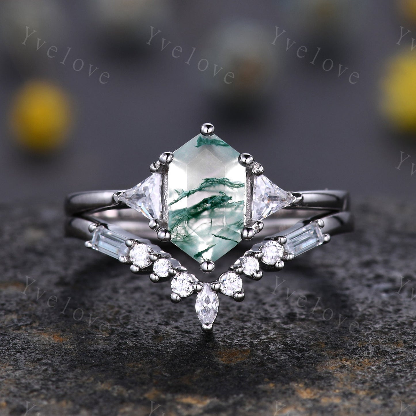 Vintage Long hexagon Cut Moss Agate Ring,Sterling Silver Ring Set,Unique Agate Aquamarine Engagement Ring,Promise Ring,Anniversary Ring Gift