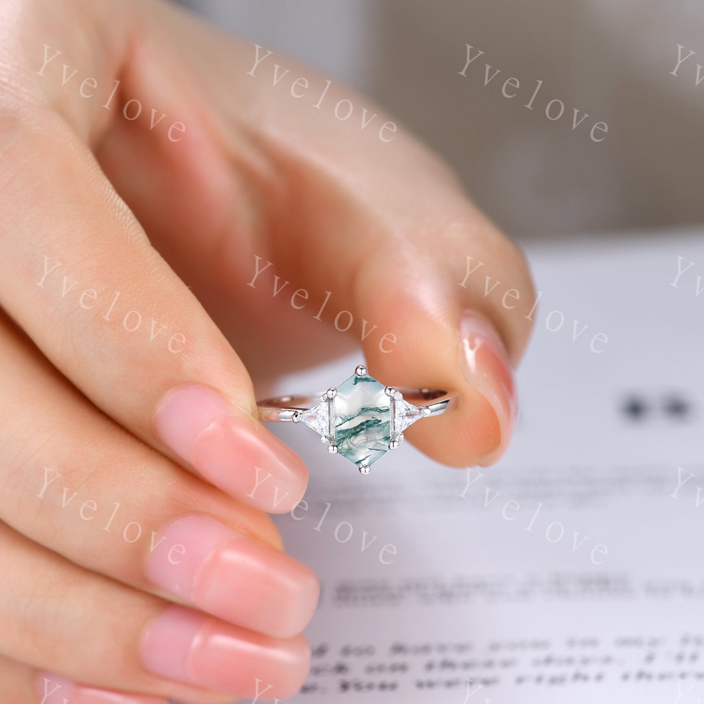Retro Long hexagon shaped Moss Agate Ring,Vintage Silver Ring Set,Unique Agate Aquamarine Engagement Ring,Promise Ring,Anniversary Ring Gift