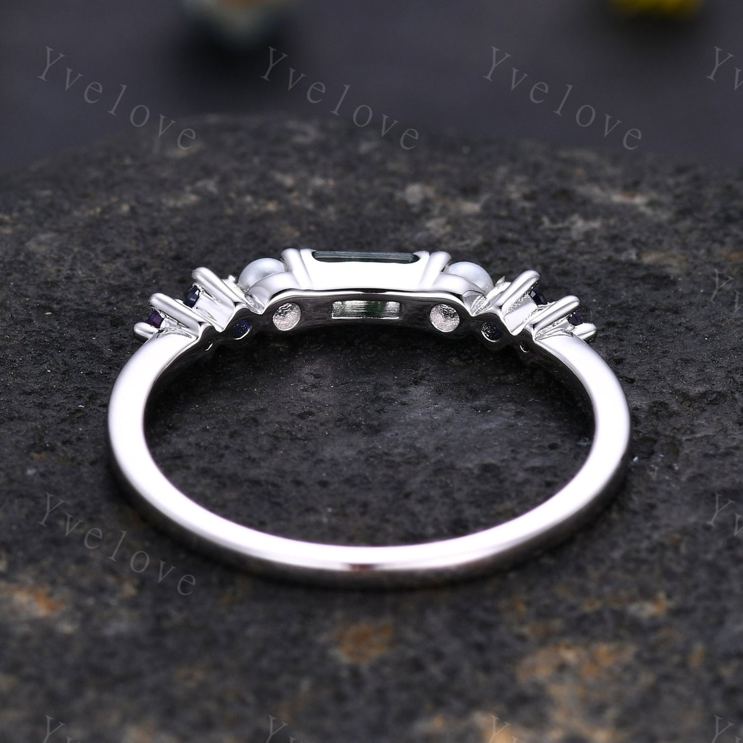 Danity Baguette moss agate ring minimalist ring family gemstone wedding band women stacking matching ring 14kwhite gold ring gift customized