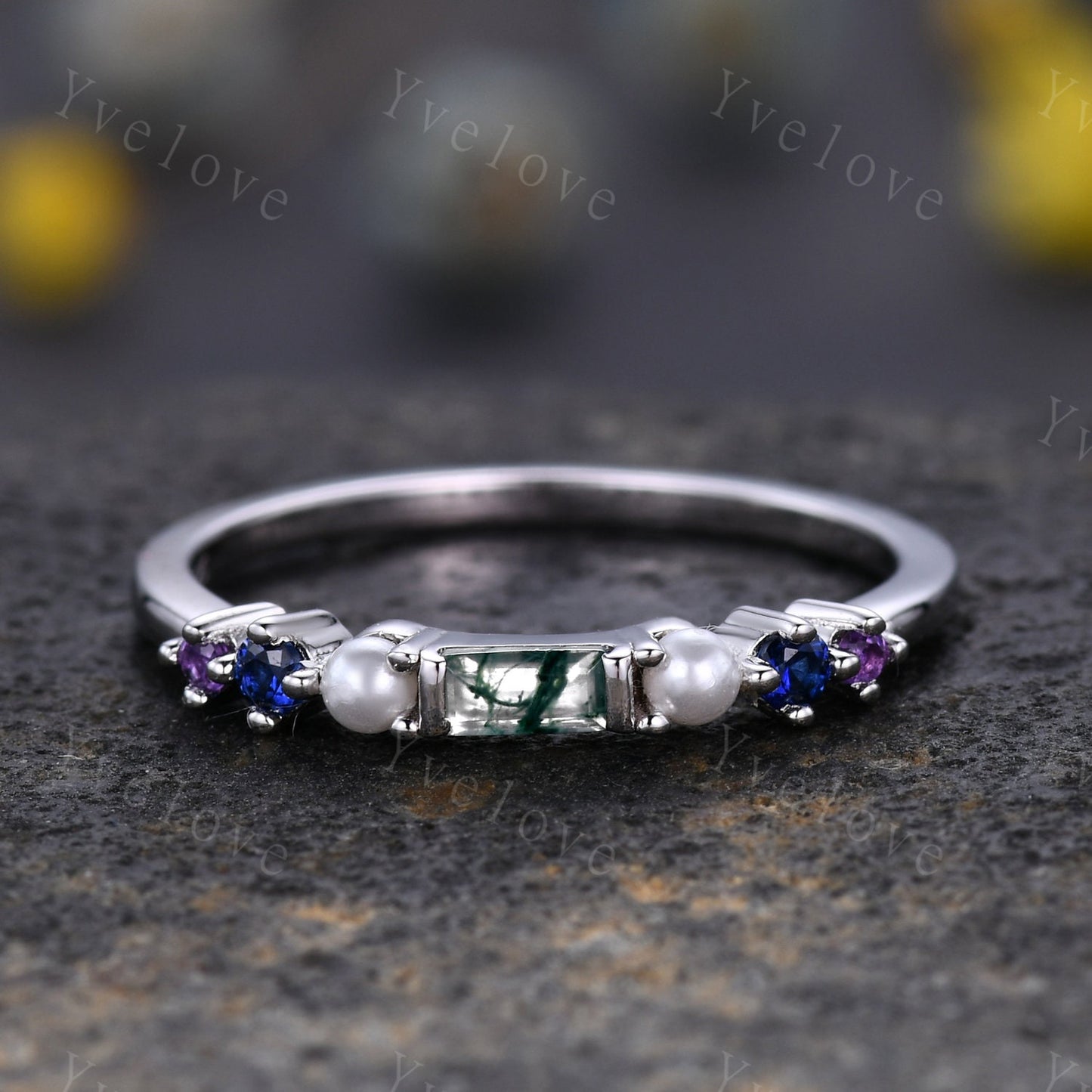Danity Baguette moss agate ring minimalist ring family gemstone wedding band women stacking matching ring 14kwhite gold ring gift customized