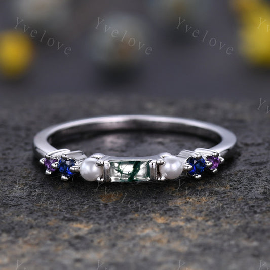 Danity Baguette moss agate ring minimalist ring family gemstone wedding band women stacking matching ring 14kwhite gold ring gift customized