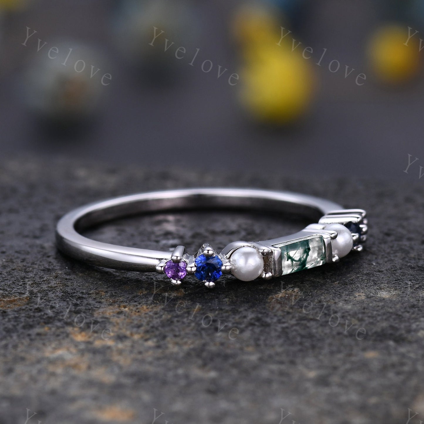 Danity Baguette moss agate ring minimalist ring family gemstone wedding band women stacking matching ring 14kwhite gold ring gift customized