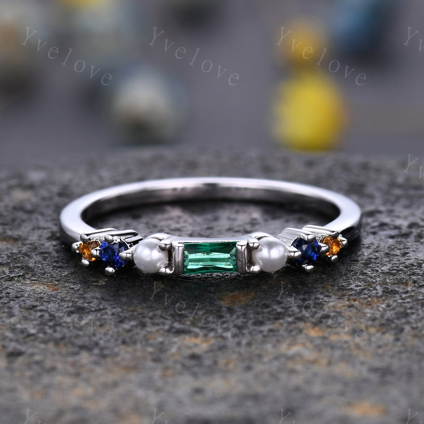 Danity Baguette moss agate ring minimalist ring family gemstone wedding band women stacking matching ring 14kwhite gold ring gift customized