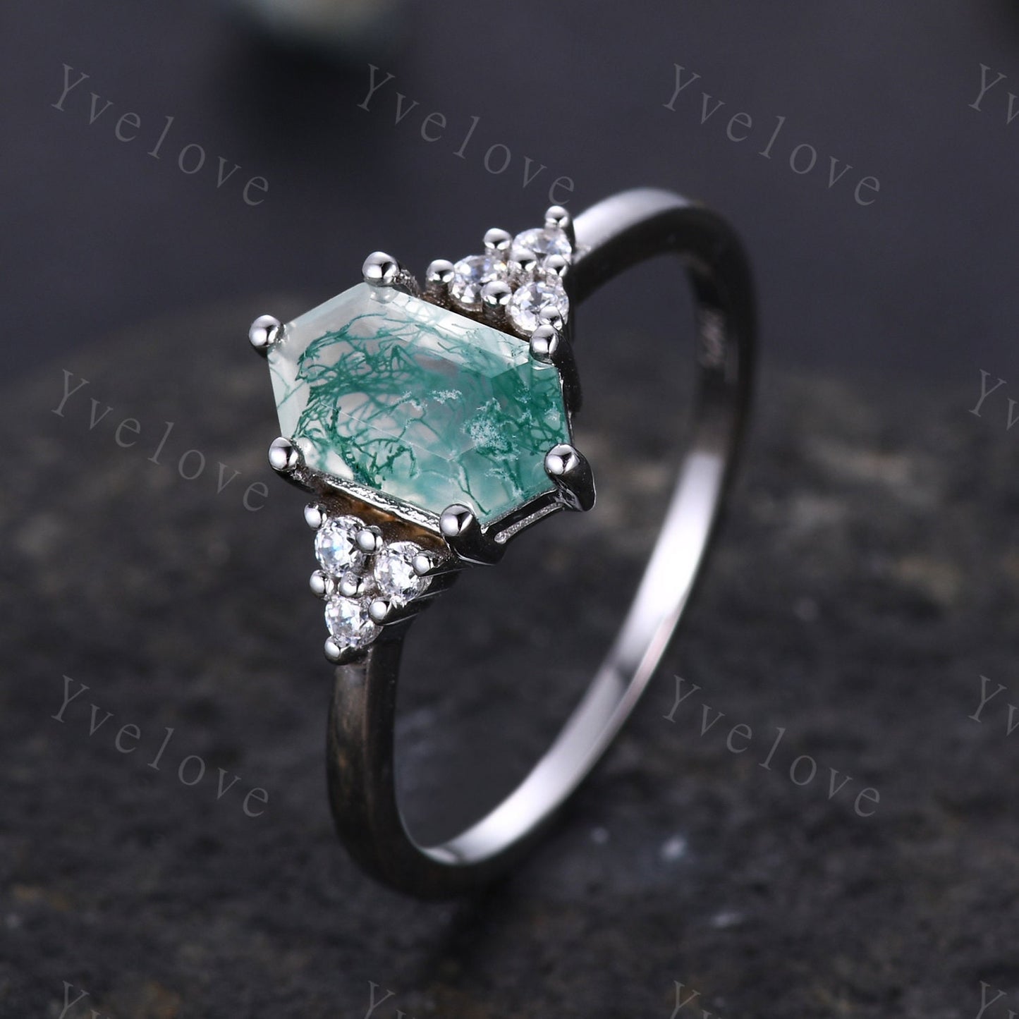 Retro Long hexagon Moss Agate Ring,Vintage Platinum Ring,Unique Agate Engagement Ring,Twig Diamond Promise Ring,Anniversary Ring Gift To Her