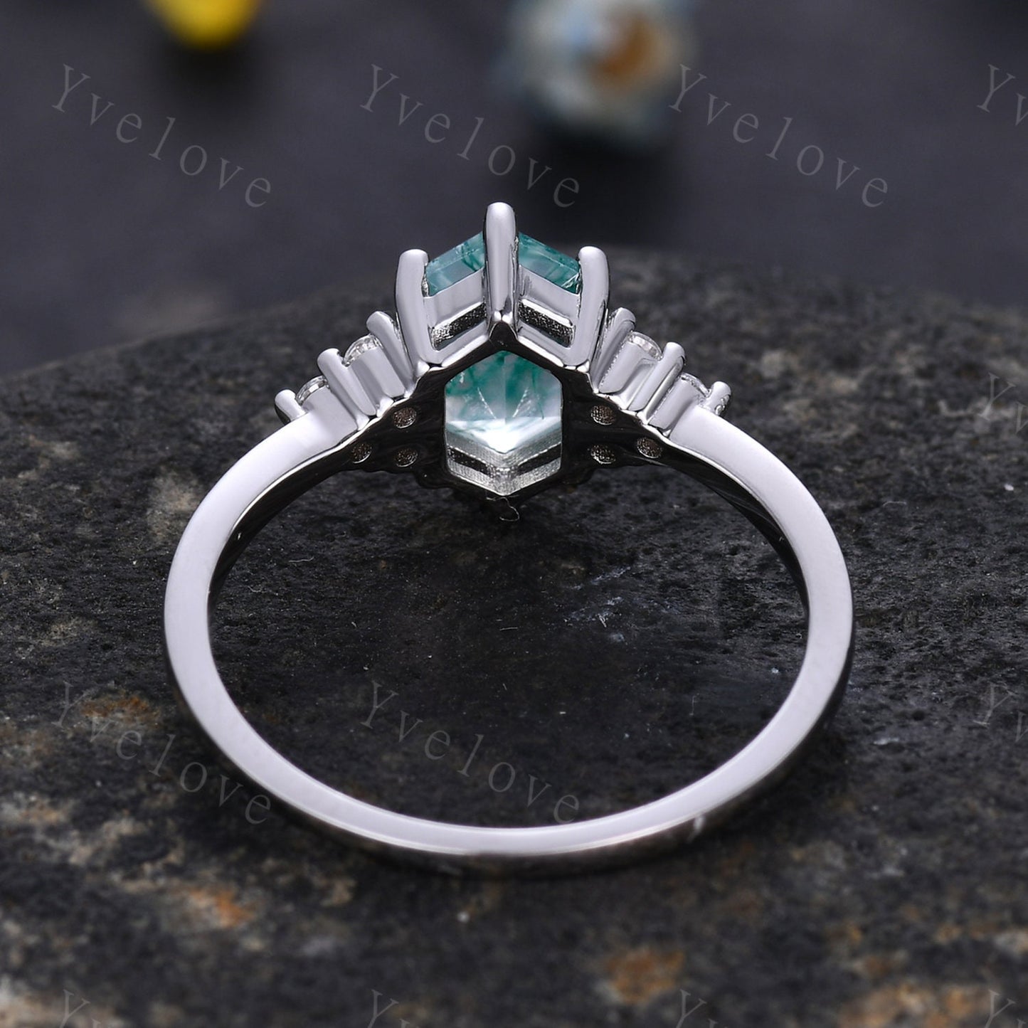 Retro Long hexagon Moss Agate Ring,Vintage Platinum Ring,Unique Agate Engagement Ring,Twig Diamond Promise Ring,Anniversary Ring Gift To Her