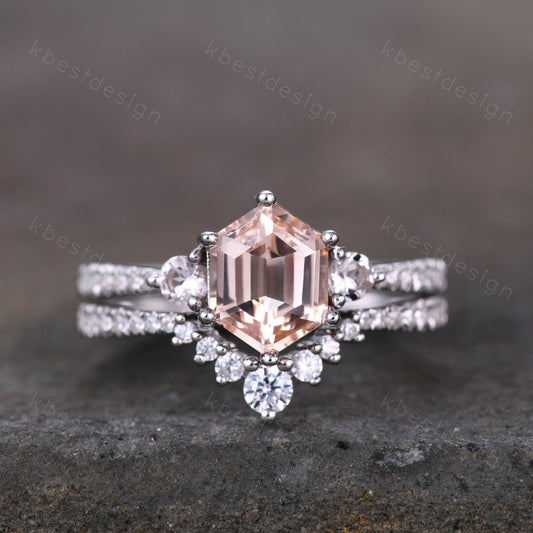 Vintage Morganite Engagement Ring Set Hexagon Cut Morganite Ring Unique Curved Stacking Matching Band Promise Ring Bridal Set Silver Rings