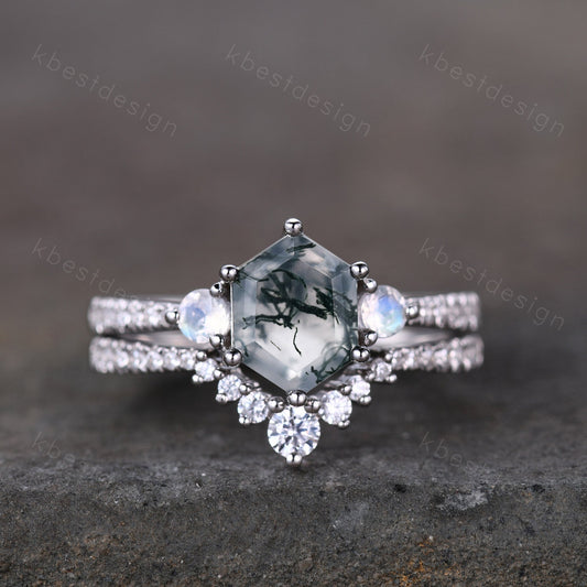 Vintage green moss agate engagement ring set hexagon cut ring unique moonstone wedding ring art deco curved stacking ring bridal wedding set