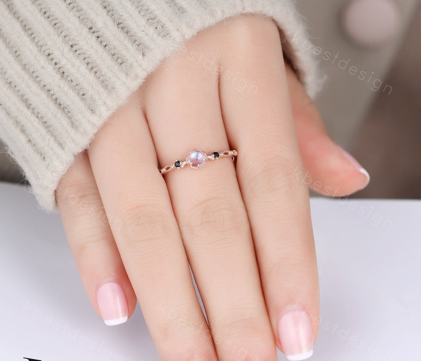 Dainty Rainbow Moonstone Engagement Ring Rose Gold Black Spinel Wedding Ring Art Deco Unique Bridal ring Promise Anniversary ring