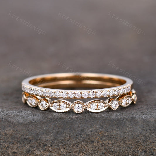 14K Solid Yellow Gold Rings/Moissanite Wedding Ring Set/Art Deco Half Eternity Stacking Matching Bands/Wedding Band for Women/Anniversary