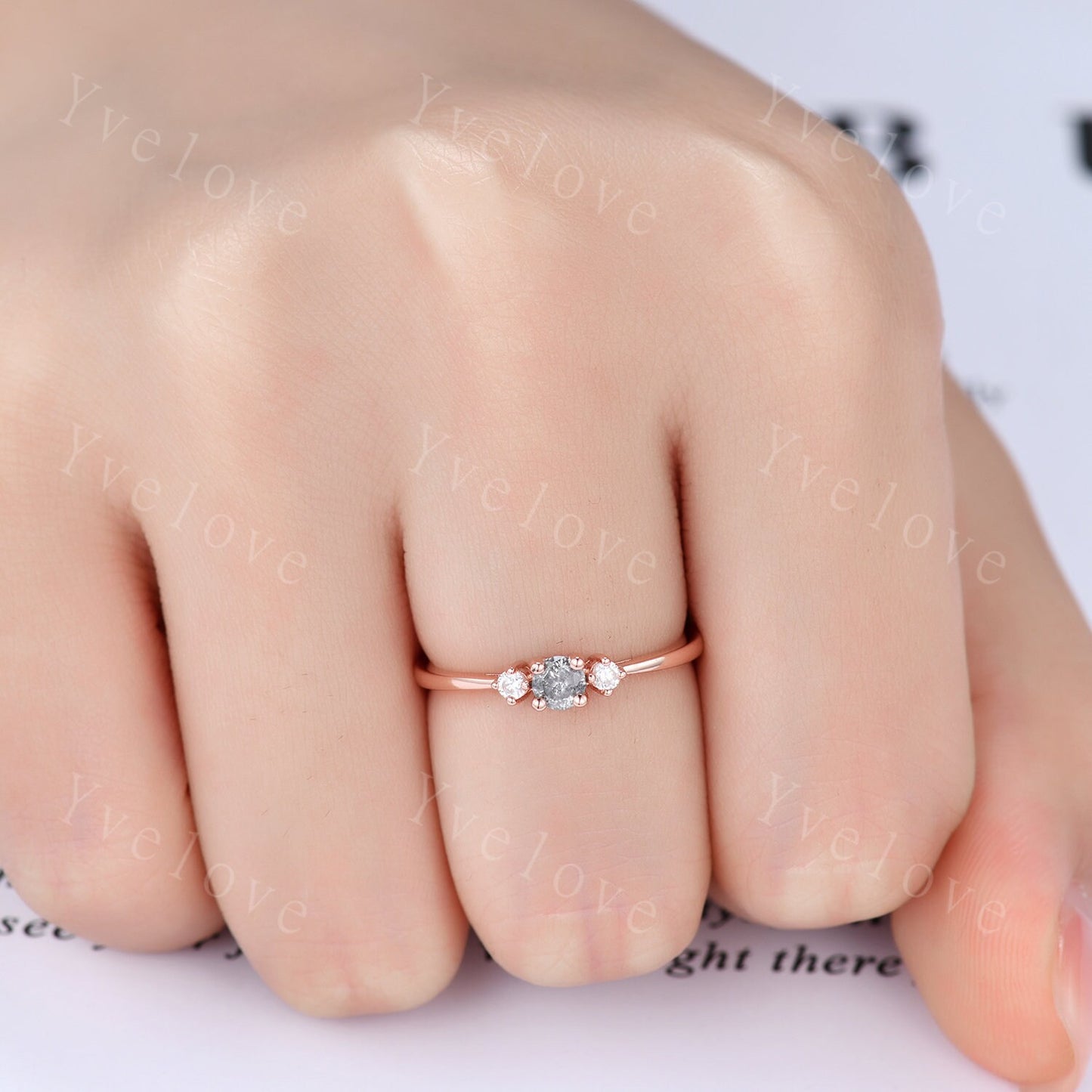 Minimalist Salt and Pepper Diamond Engagement Ring,Rose Gold,Danity round cut 3 stone Bridal ring,Art deco Wedding Ring,Unique Anniversary