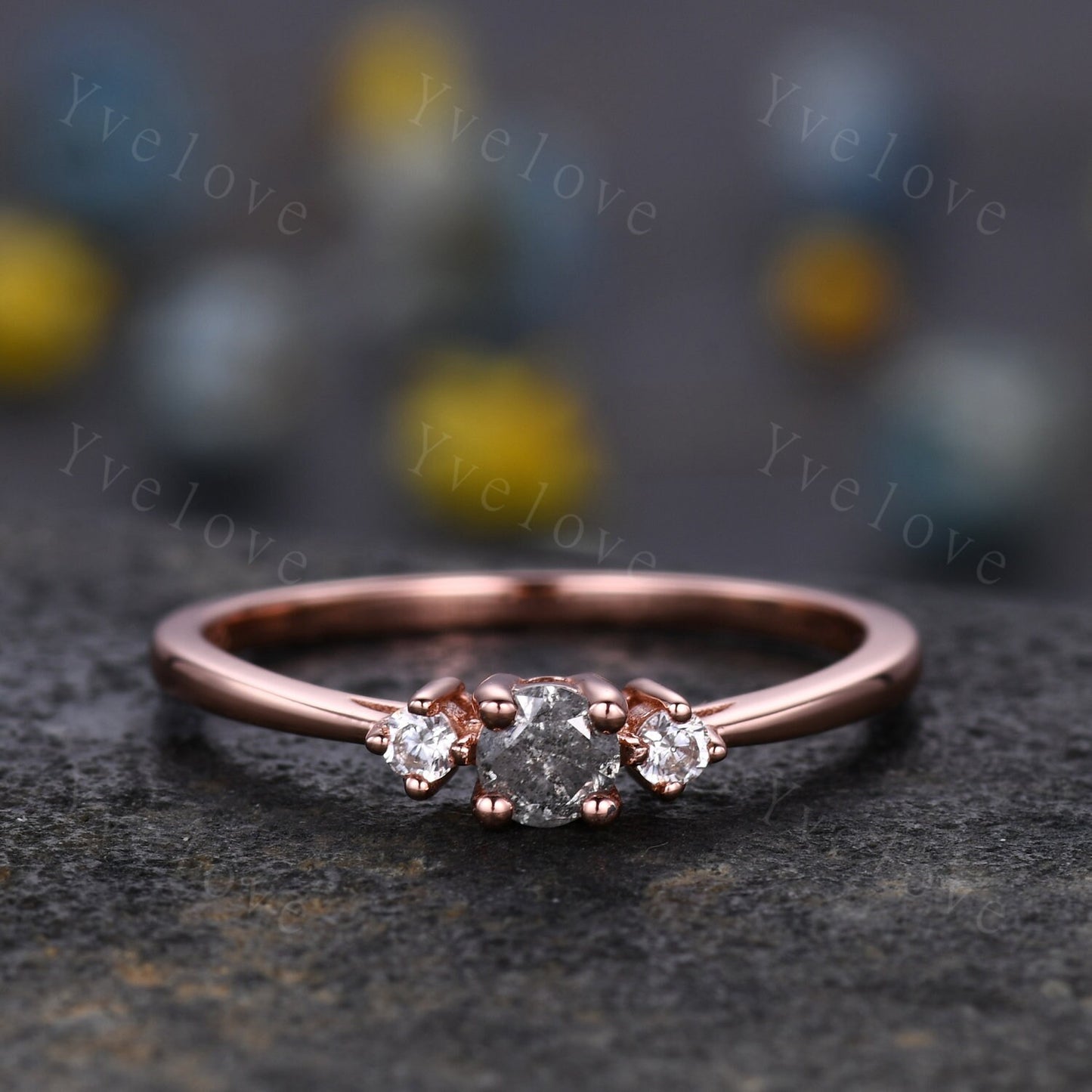 Minimalist Salt and Pepper Diamond Engagement Ring,Rose Gold,Danity round cut 3 stone Bridal ring,Art deco Wedding Ring,Unique Anniversary