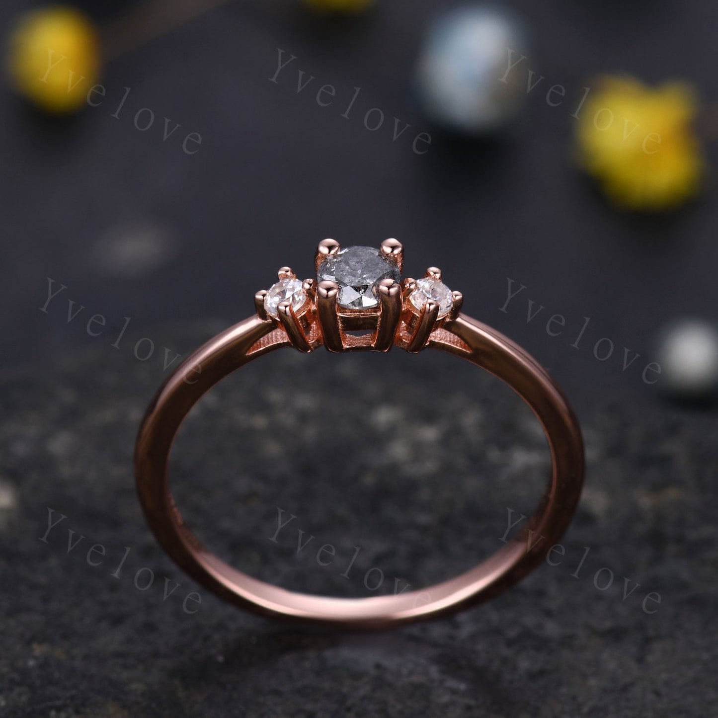 Minimalist Salt and Pepper Diamond Engagement Ring,Rose Gold,Danity round cut 3 stone Bridal ring,Art deco Wedding Ring,Unique Anniversary