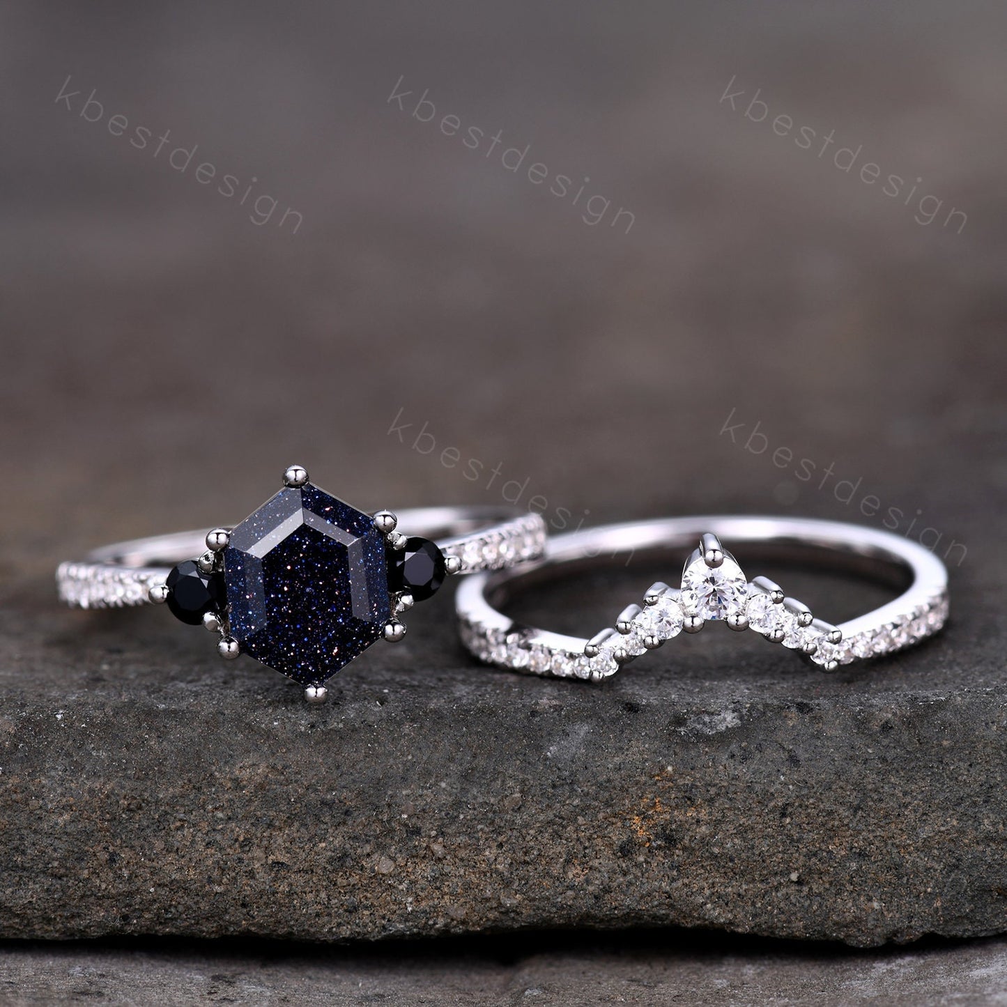Hexagon Blue Sandstone Engagement Ring Set Sterling Silver Vintage Black Diamond Promise Ring Unique Curved Stacking Band Bridal Ring Set