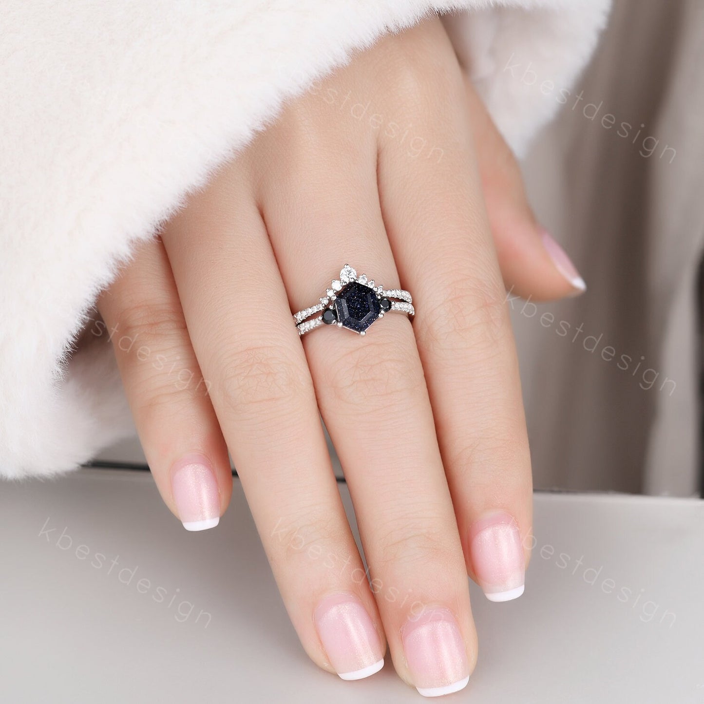Hexagon Blue Sandstone Engagement Ring Set Sterling Silver Vintage Black Diamond Promise Ring Unique Curved Stacking Band Bridal Ring Set