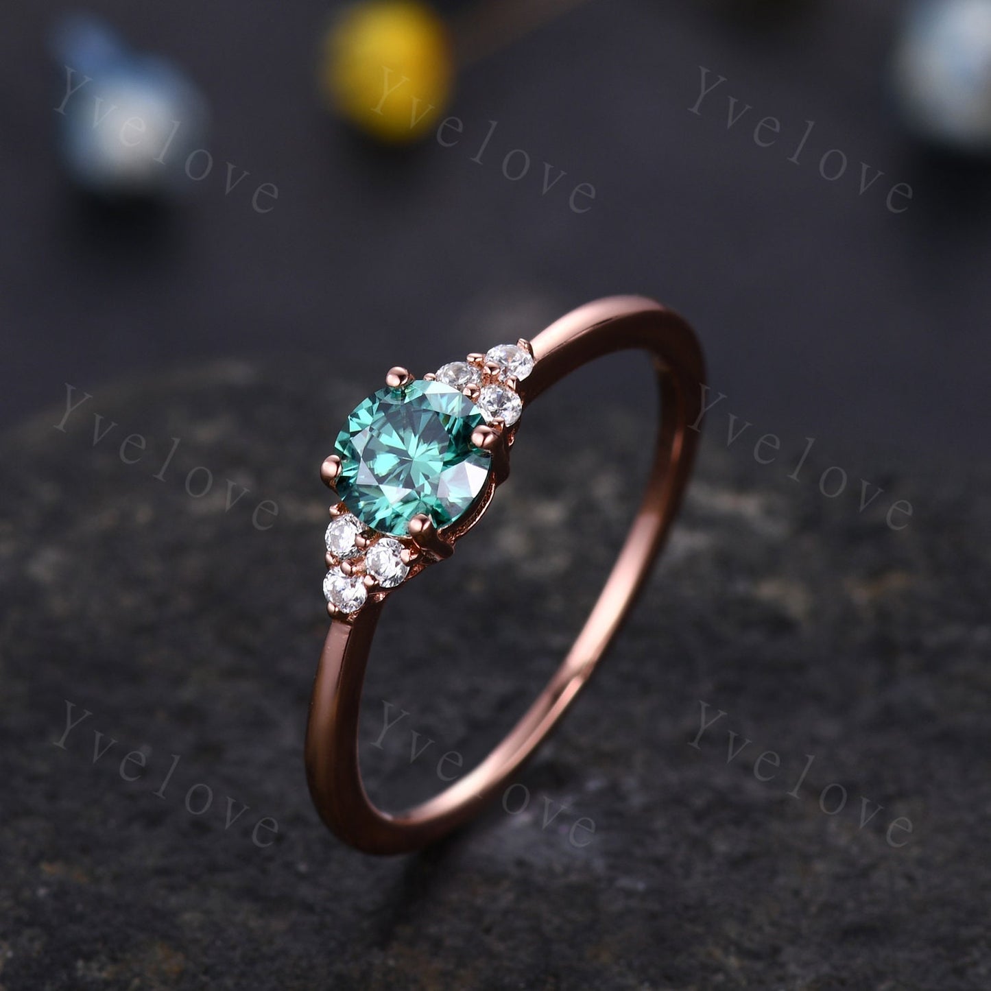 Danity green moissanite engagement ring 5mm round cut moissanite rose gold art deco diamond wedding band bridal promise ring gift for her