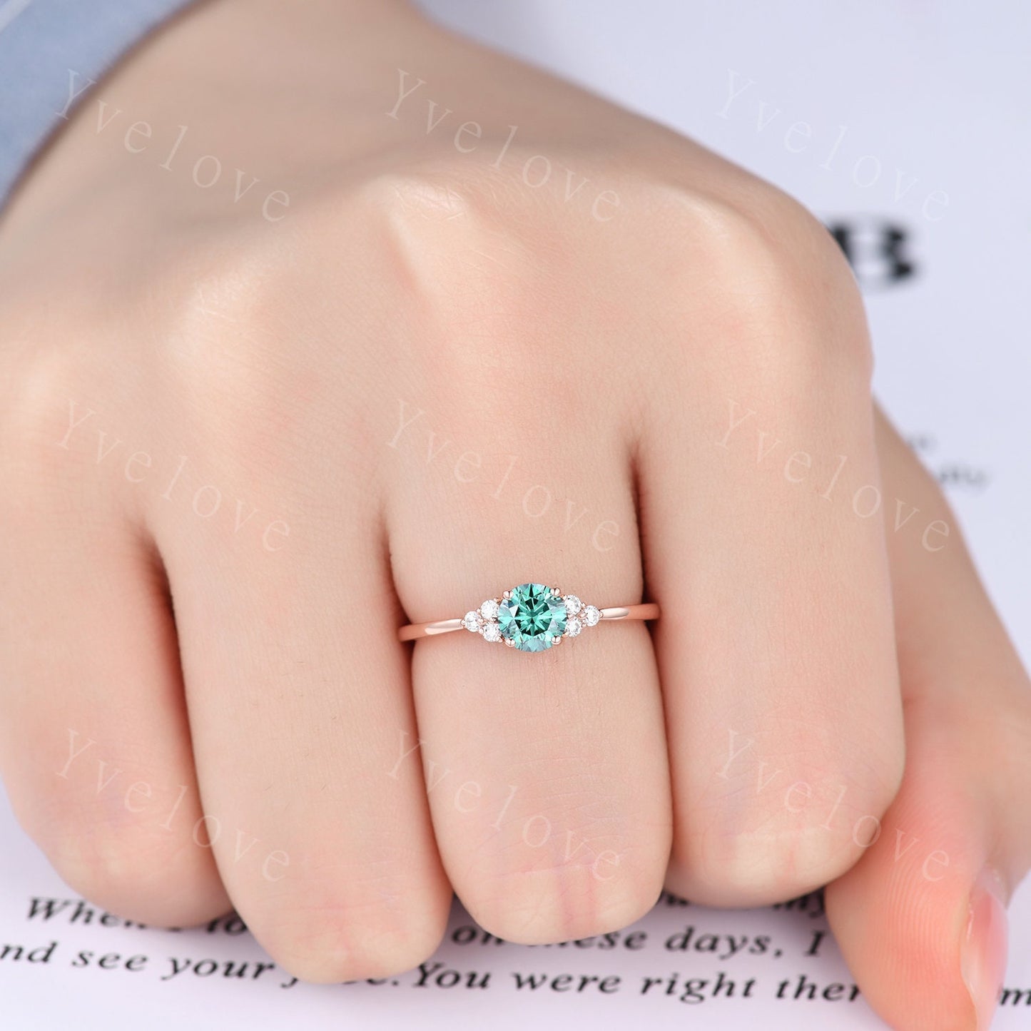 Danity green moissanite engagement ring 5mm round cut moissanite rose gold art deco diamond wedding band bridal promise ring gift for her