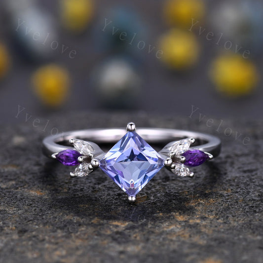 Vintage Princess Cut Tanzanite Engagement Ring 14k White Gold Women Moissanite Amethyst Gem Matching Band Promise Bridal Stacking Ring Gift