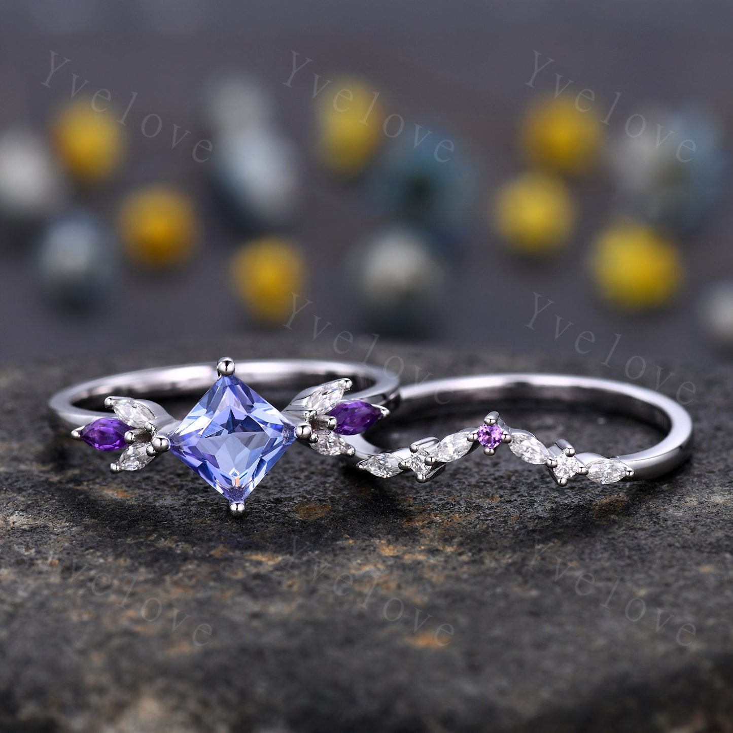 Vintage Princess Cut Tanzanite Engagement Ring Set White Gold Women Moissanite Amethyst Gem Matching Band Promise Bridal Stacking Ring Set