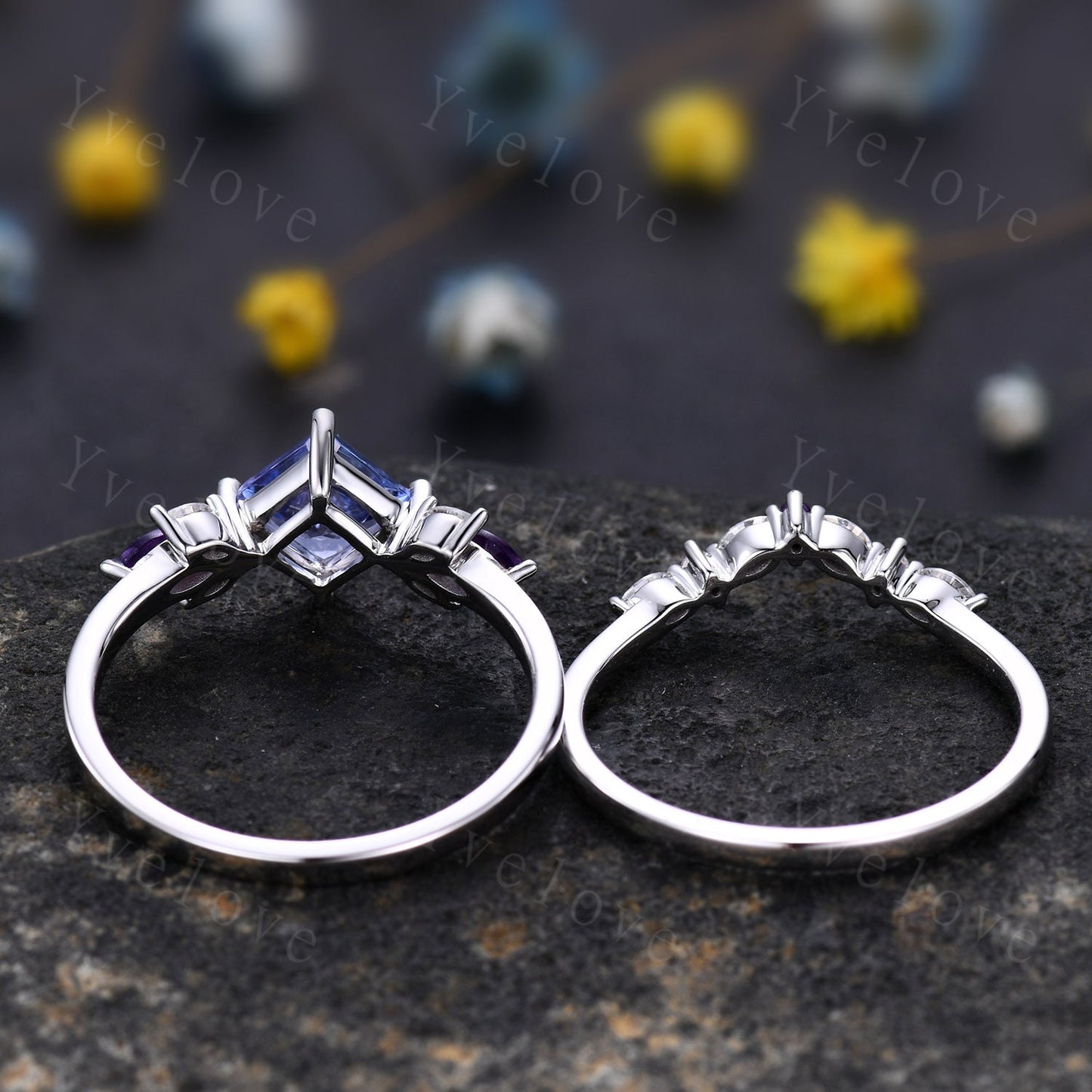 Vintage Princess Cut Tanzanite Engagement Ring Set White Gold Women Moissanite Amethyst Gem Matching Band Promise Bridal Stacking Ring Set