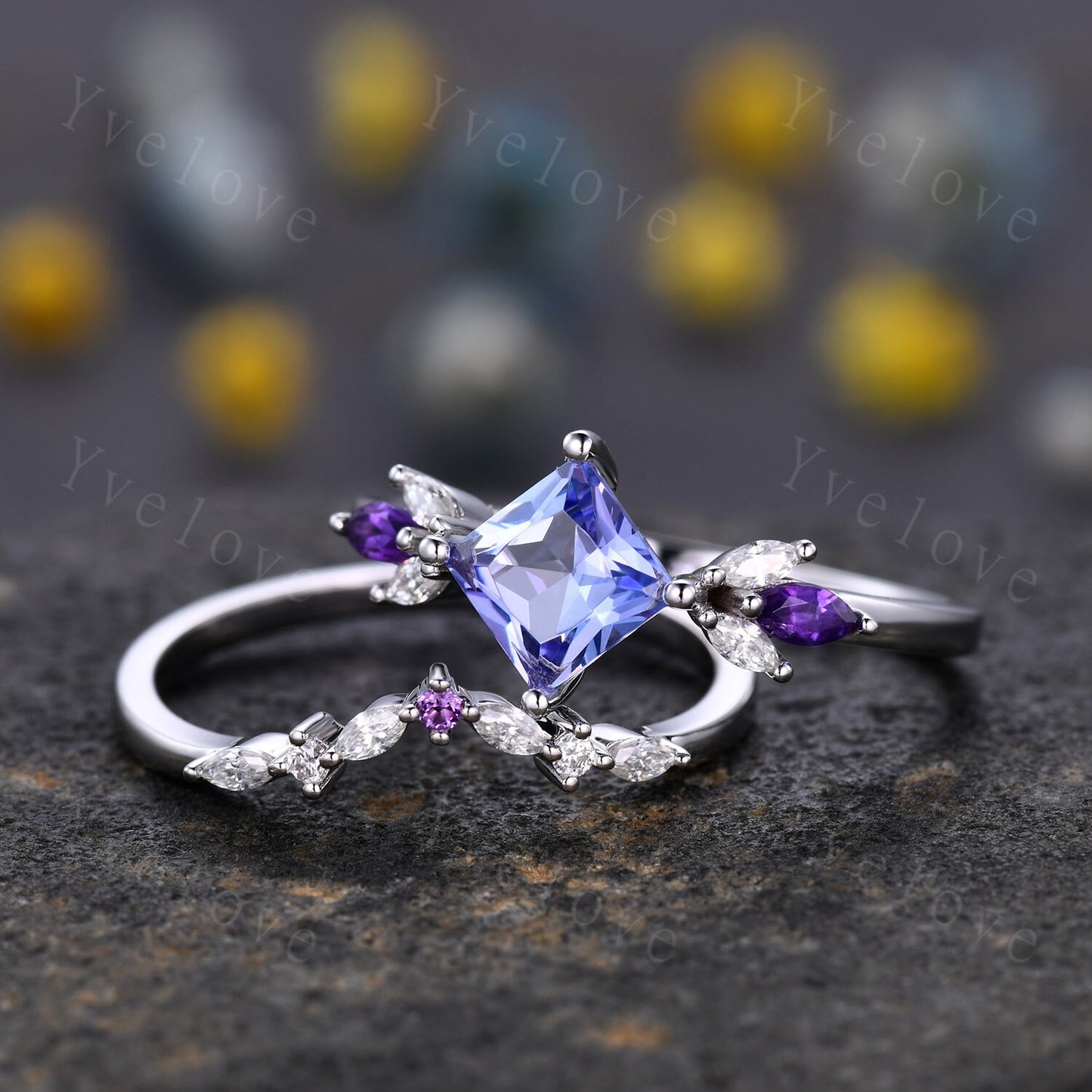 Vintage Princess Cut Tanzanite Engagement Ring Set White Gold Women Moissanite Amethyst Gem Matching Band Promise Bridal Stacking Ring Set