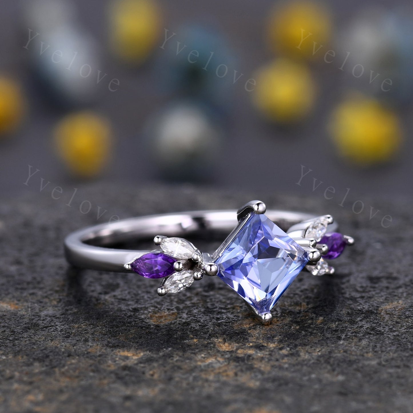 Vintage Princess Cut Tanzanite Engagement Ring 14k White Gold Women Moissanite Amethyst Gem Matching Band Promise Bridal Stacking Ring Gift