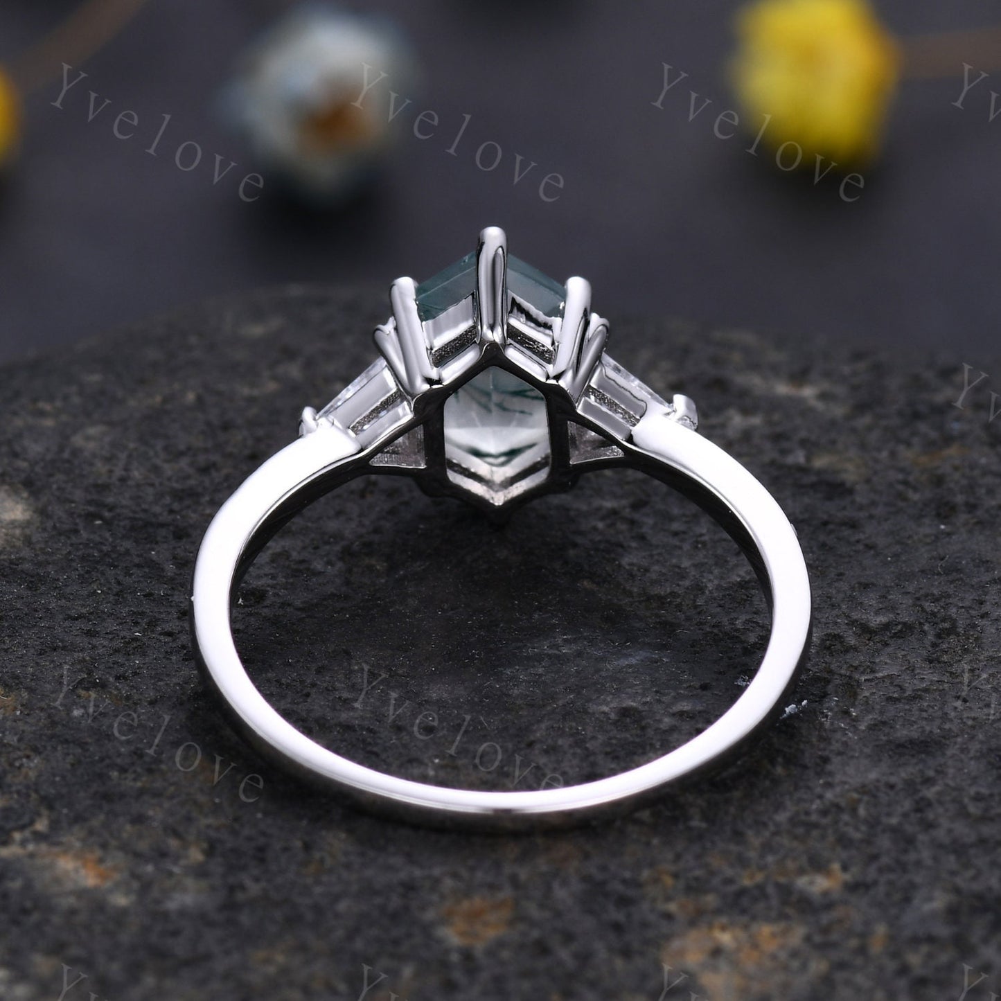Vintage Long hexagon Cut Moss Agate Ring,Sterling Silver Ring Set,Unique Agate Aquamarine Engagement Ring,Promise Ring,Anniversary Ring Gift
