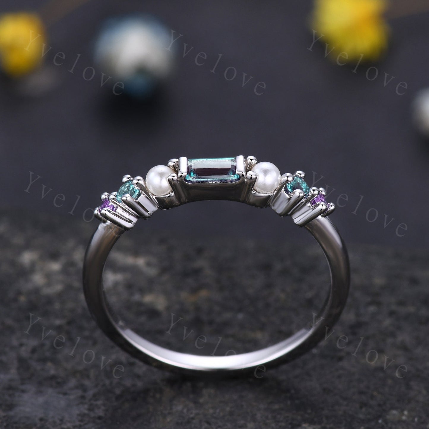 Minimalist Baguette cut alexandrite band danity pearl amethyst wedding band women stackable matching band white gold personalized ring gift