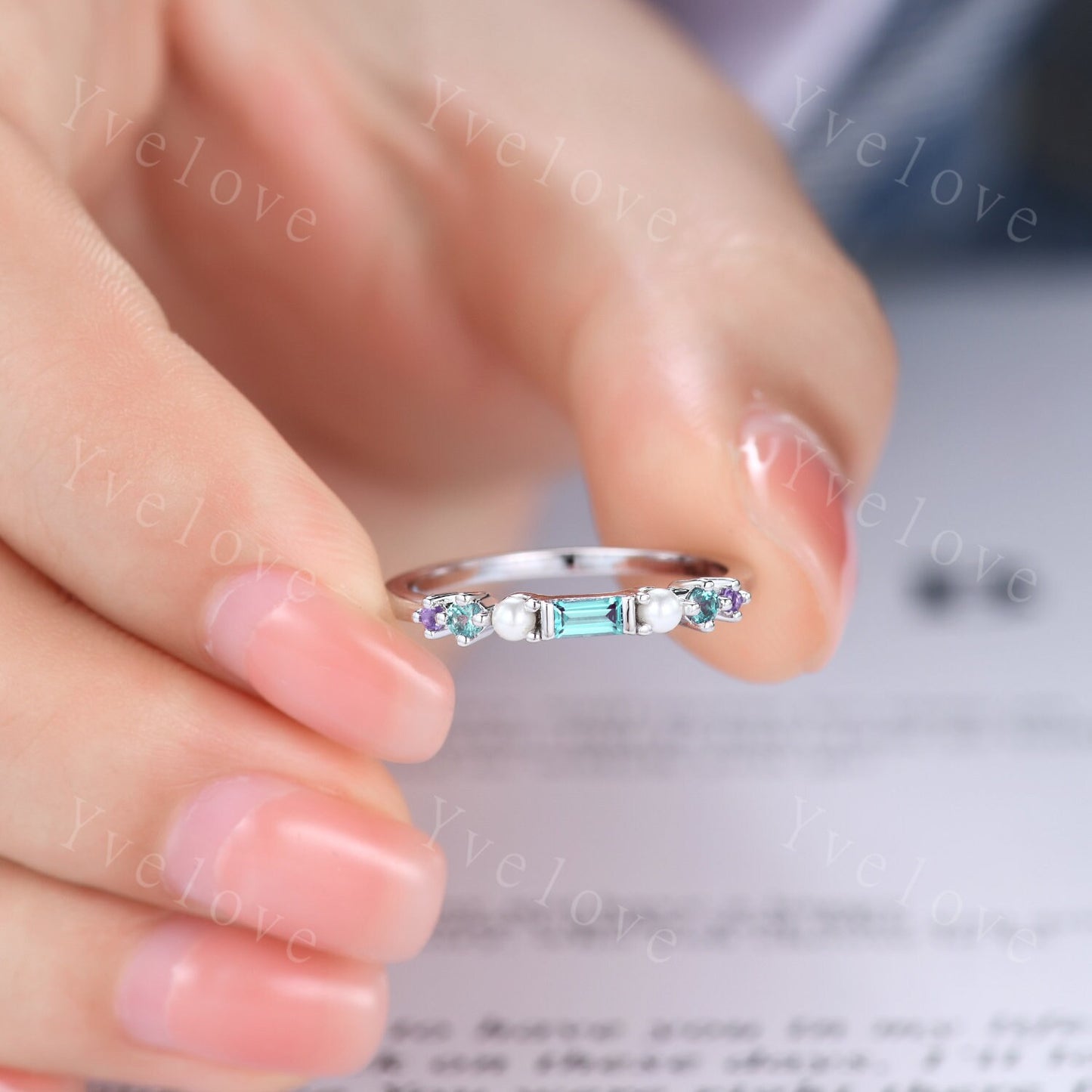 Minimalist Baguette cut alexandrite band danity pearl amethyst wedding band women stackable matching band white gold personalized ring gift