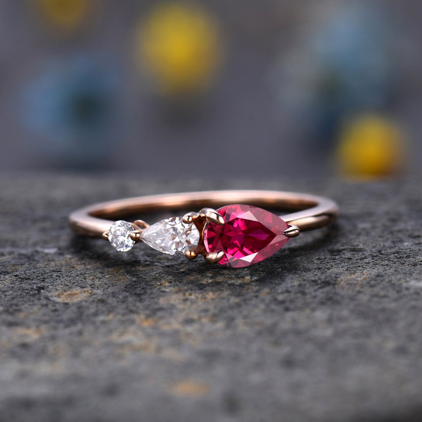 Vintage Red Ruby Ring Engagement Ring,Pear Cut Gems,Art Deco Moissanite Wedding Band,3 Stone Unique Women Bridal Promise Ring,Gold Ring Gift