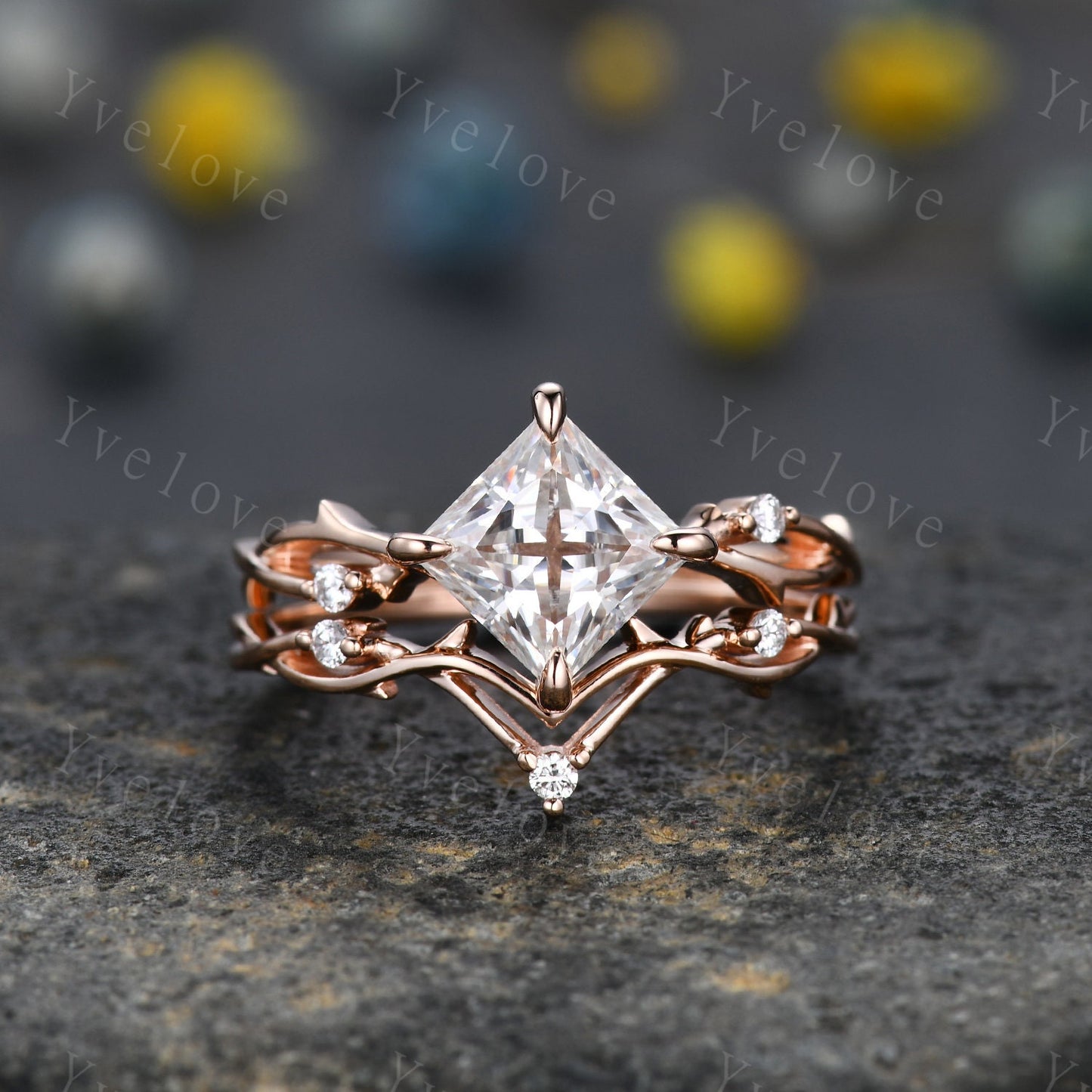 Vintage Princess Shaped Moissanite Engagement Ring,Twisted Ring,Leaf Vines Moissanite Bridal Ring,Branch Ring,Dainty Twig Diamond Ring Gift