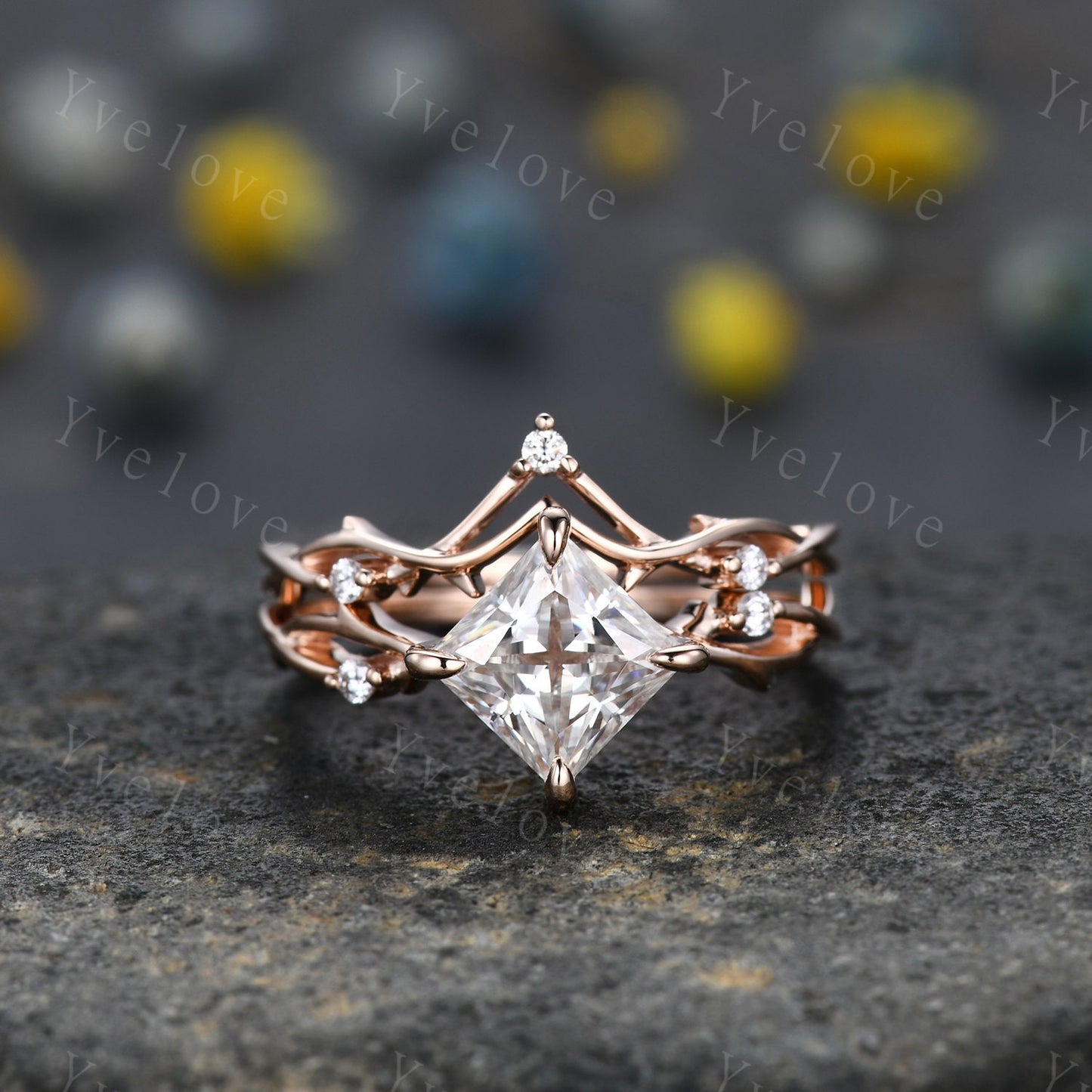 Vintage Princess Cut Moissanite Engagement Ring Set,Twisted Ring,Leaf Vines Moissanite Bridal Set,Branch Ring,Dainty Twig Diamond Ring Gift